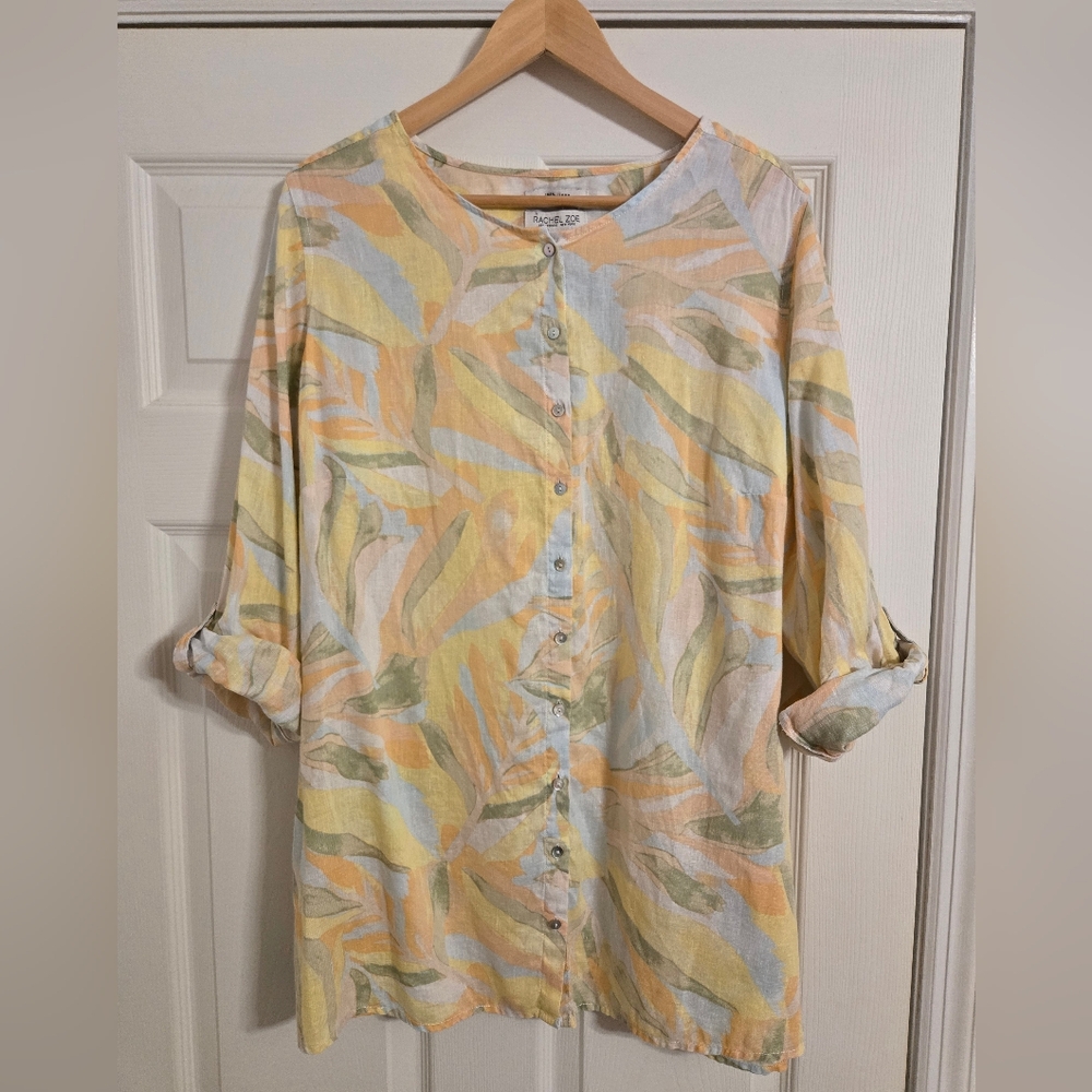 Rachel Zoe Linen Pastel Button-Up Shirt  Yellow And Peach Size 1X See Condition